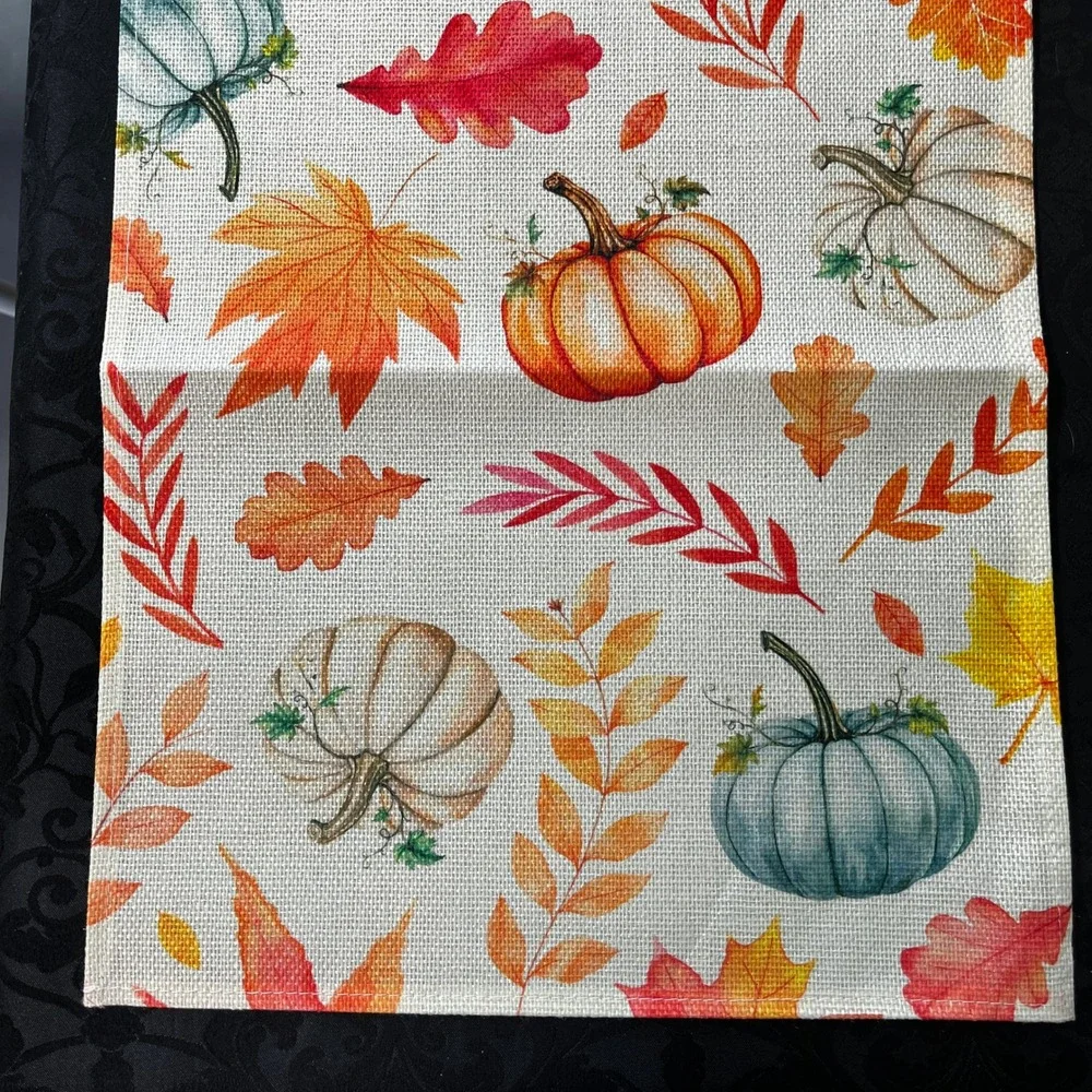 Autumn Pumpkin Leaf Table Runner Fall Harvest Thanksgiving Burlap Style 13x72 in